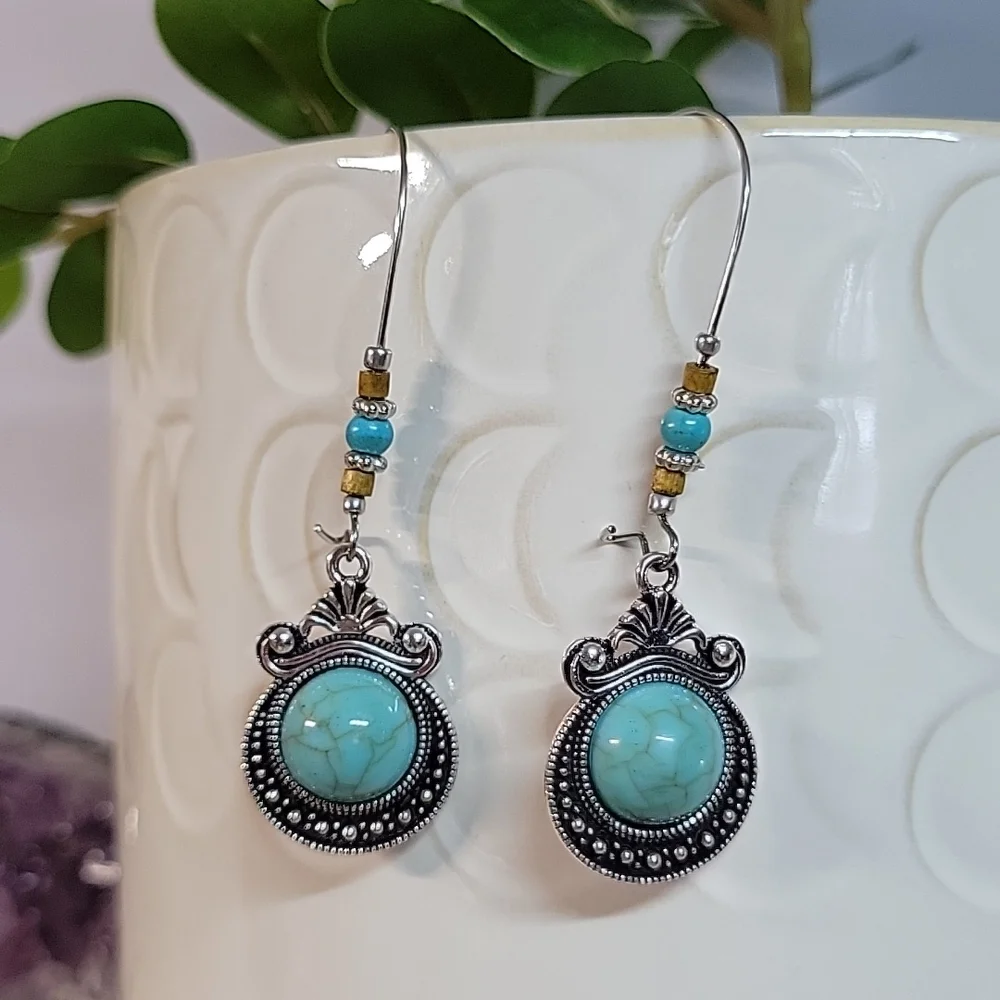 🔥LAST PAIR🔥 Howlite Medallion Dainty Wire Drop Earrings - Picture 4 of 6